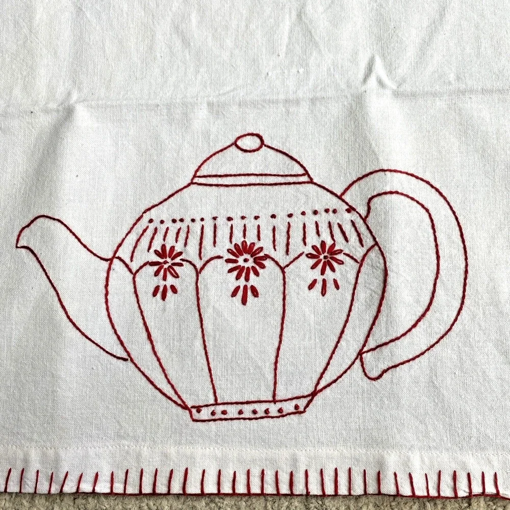 White cotton muslin kitchen tea towel red embroidery finishes country farmhouse